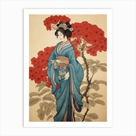 Ajisai Hydrangea Vintage Japanese Botanical And Geisha Art Print