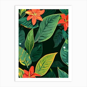 Seamless Pattern With Tropical Leaves And Flowers Art Print