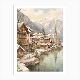 Vintage Winter Illustration Hallstatt Austria 4 Art Print