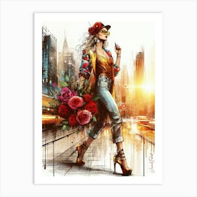 Rockabilly Woman With A Bouquet Of Red Roses Art Print