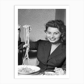 Vintage Black And White Sophia Loren Eating Spaghetti Art Print