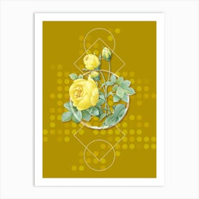 Vintage Yellow Rose Botanical with Geometric Line Motif and Dot Pattern n.0398 Art Print