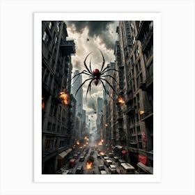 The Great Skyscraper Showdown: The Giant Spider vs. Biplanes Art Print