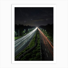 Highway At Night With Light Trails Art Print