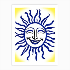 Smiling Sun Symbol Blue And White Line Drawing Art Print