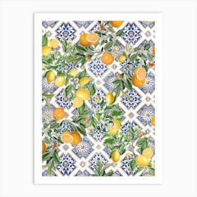 Blue azulejos tiles, lemons and oranges Art Print