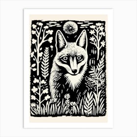 Linocut Fox Illustration Black 4 Art Print