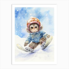 Monkey Painting Snow Boarding Watercolour 1 Art Print