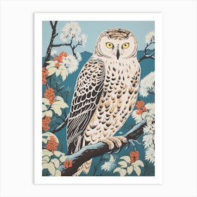 Vintage Bird Linocut Snowy Owl 3 Art Print