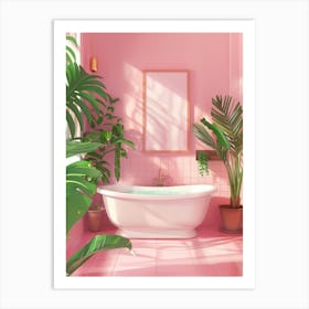 Pink Bathroom With Plants Art Print