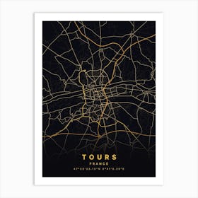 Tours France Black And Gold Map Art Print