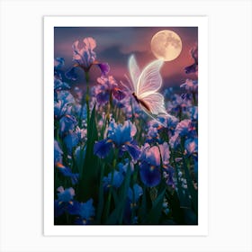 Irises At Night With Butterfly Art Print