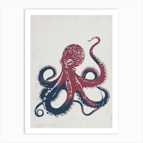 Red & Blue Simple Linocut Style Octopus 1 Art Print