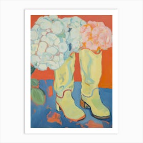 Painting Of White Flowers And Cowboy Boots, Oil Style 8 Art Print