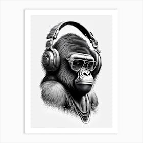 Gorilla Using Dj Set And Headphones Gorillas Pencil Sketch 1 Art Print