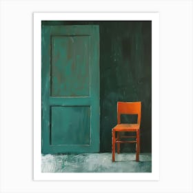 Orange Chair In Front Of Green Door Art Print