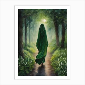 Green Witch of The Forest ~ Witchy Art Cloaked Woman Hurries Through The Woods on a Full Moon, Spring Goddess Watercolour Wheel of The Year, Witches Art Prints, Fairytale Painting, Lunar Moon Lover, Bridget Ostara Lily of The Valley, Mysterious Enchanted Forest, Witchcore Art Print