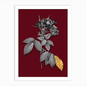Vintage Boursault Rose Black and White Gold Leaf Floral Art on Burgundy Red n.0921 Art Print