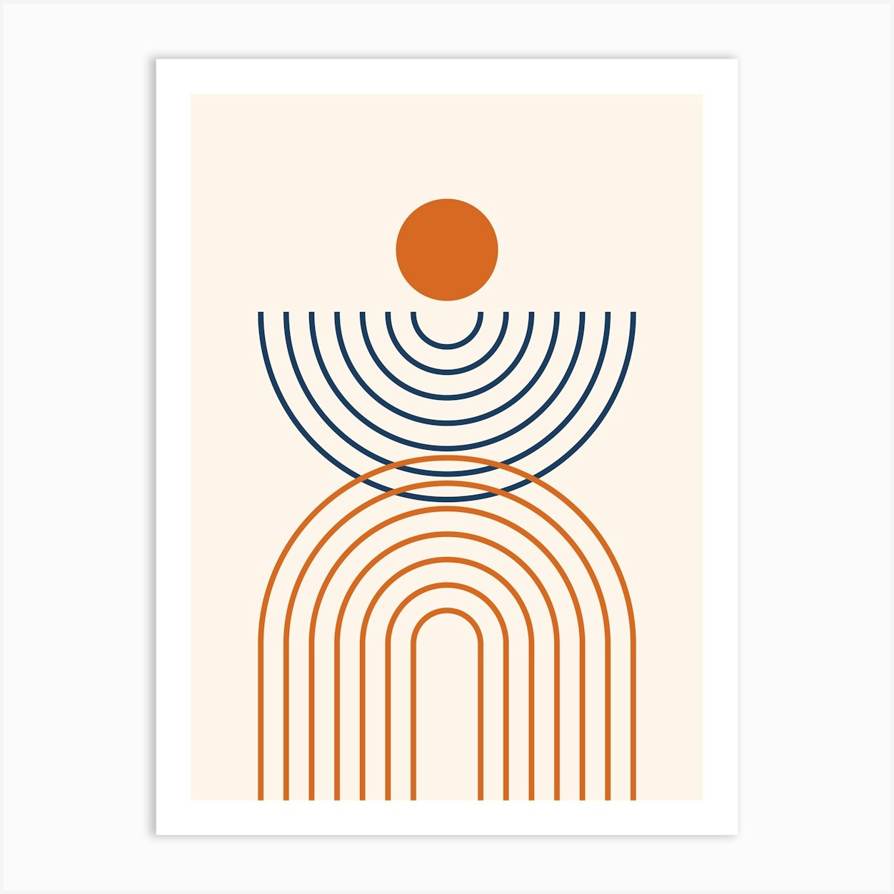 Midcentury Modern Rainbow Arch Sun Abstract A10 In Navy Blue And Burnt Orange 01 Art Print by NineFlorals