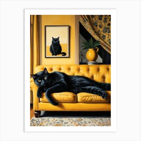 Black Cat On Yellow Couch Art Print