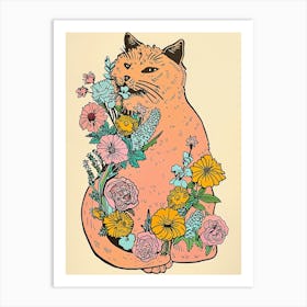 Cute Cat With Flowers Illustration 2 Art Print