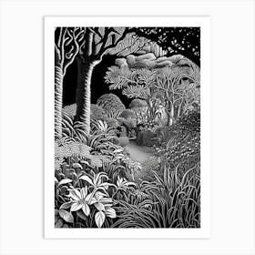 Tresco Abbey Gardens, United Kingdom Linocut Black And White Vintage Art Print
