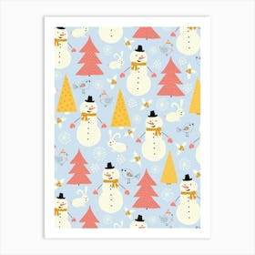 Winter Snowmen Evergreen Doodle Forest Yellow, Pink, and Light Blue Art Print