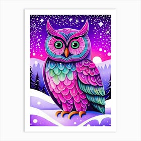 Pink Owl Snowy Landscape Painting (130) Art Print