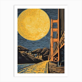 Golden Gate San Francisco Linocut Illustration Style 1 Art Print
