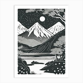 A Winter Evening In A Mountain Onsen Linocut Art Print