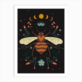 Bee with Moon Phases Scandinavian Folk Art Print