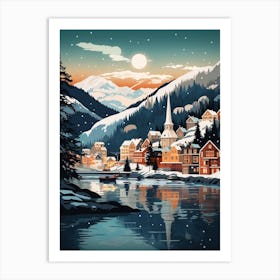 Winter Travel Night Illustration Bergen Norway 2 Art Print