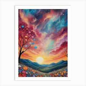 Sunset Over Flowers Art Print