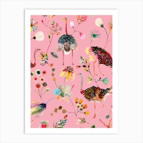 Ostriches And Floral Pink Art Print