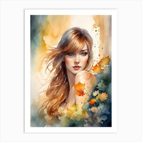 Watercolor Of A Girl With Autumn Leaves Art Print