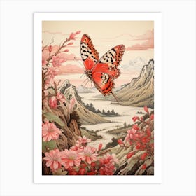 Pink Blush Flowers Butterfly Japanese Style Painting 2 Art Print