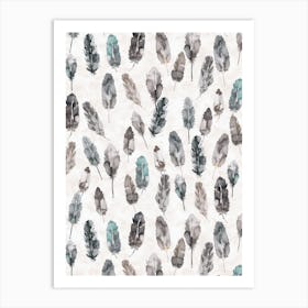 Watercolor Boho Feathers Teal And Grey Art Print