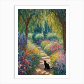 Black Cat in Monet's Garden Giverny - Willow Trees Botanical Matisse Klimt Claude Monet Art Dappled Sunlight Print for Feature Wall Decor in HD Art Print