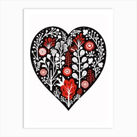 Heart Linocut Black & Red White Background 2 Art Print