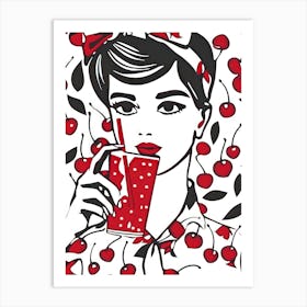 Woman Portrait With Cherries 3 Pattern Art Print