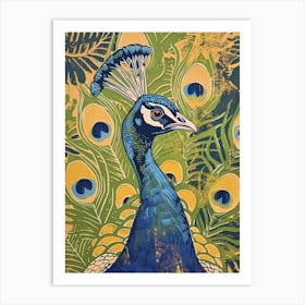 Blue Mustard Peacock With Tropical Leaves 1 Art Print