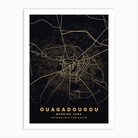 Ouagadougou Wagadugu Burkina Faso Black And Gold Map Poster