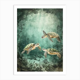 Sea Turtles In An Underwater World Textured Illustration 3 Art Print