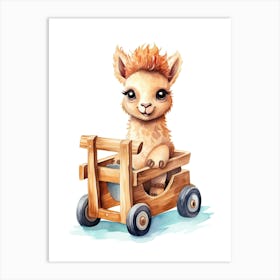 Baby Llama On A Toy Car, Watercolour Nursery 0 Art Print