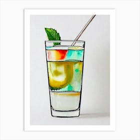Mint Julep Minimal Line Drawing With Watercolour Cocktail Poster Art Print