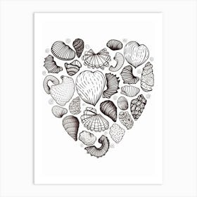 Minimalist Black & White Shell Line Drawing Heart 1 Art Print