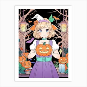 Halloween Girl Holding Pumpkins Art Print