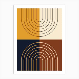 Abstract Rainbow Line and Blocks III in Mustard Brown Black Beige Midcentury Modern Art Print