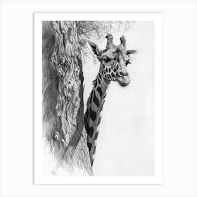 Giraffe Scratching Against A Tree Pencil Drawing 3 Art Print