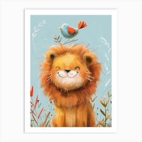 Small Joyful Lion With A Bird On Its Head 25 Art Print